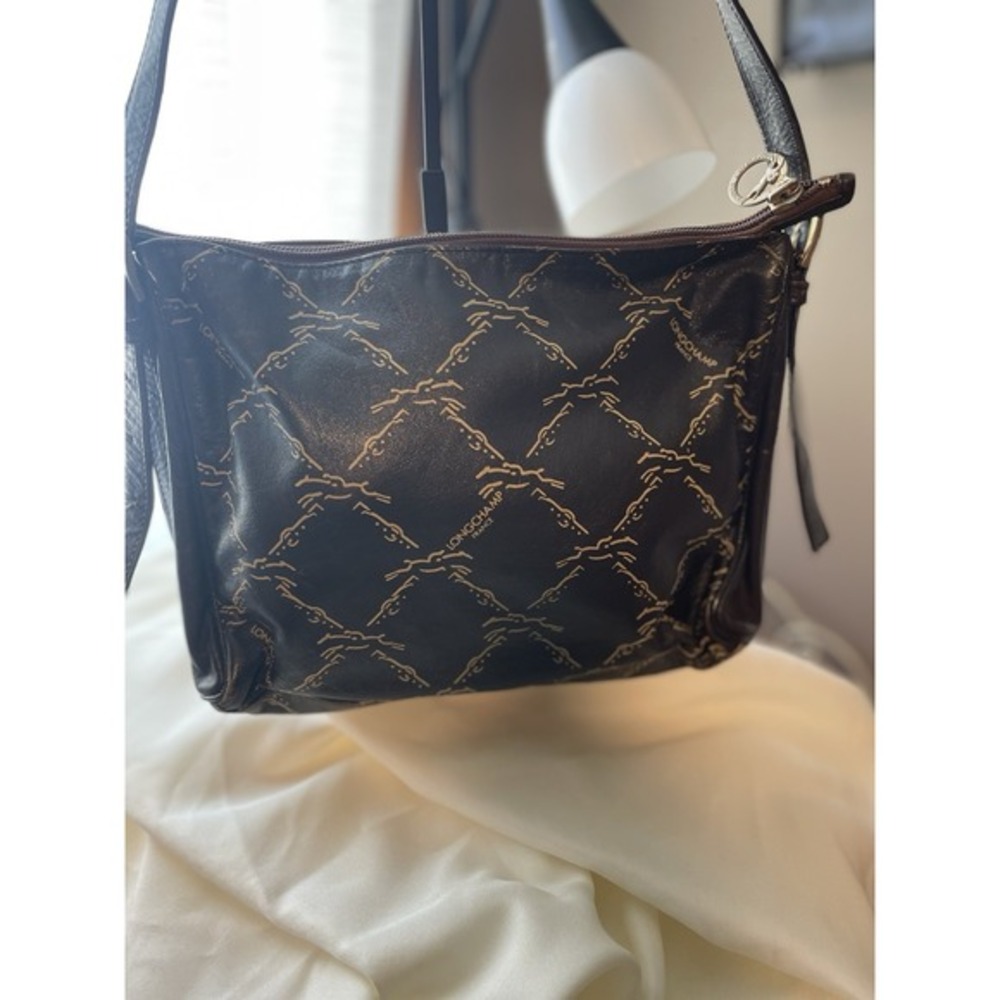 Vintage Longchamp LeatherHorse Logo Print Brown Shoulder Bag Adjustable Strap - Picture 3 of 10